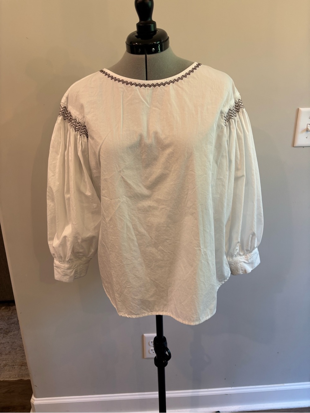 Madewell White Puff-Sleeve Embroidered Neck Blouse 0286